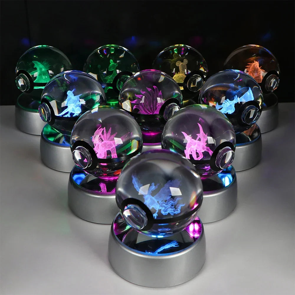 Pokémon Crystal Ball LED Night Light – 3D Pikachu, Mewtwo, Gengar, Eevee & Lucario Figurine with Light-Up Base | 5cm Pokéball Lamp 
