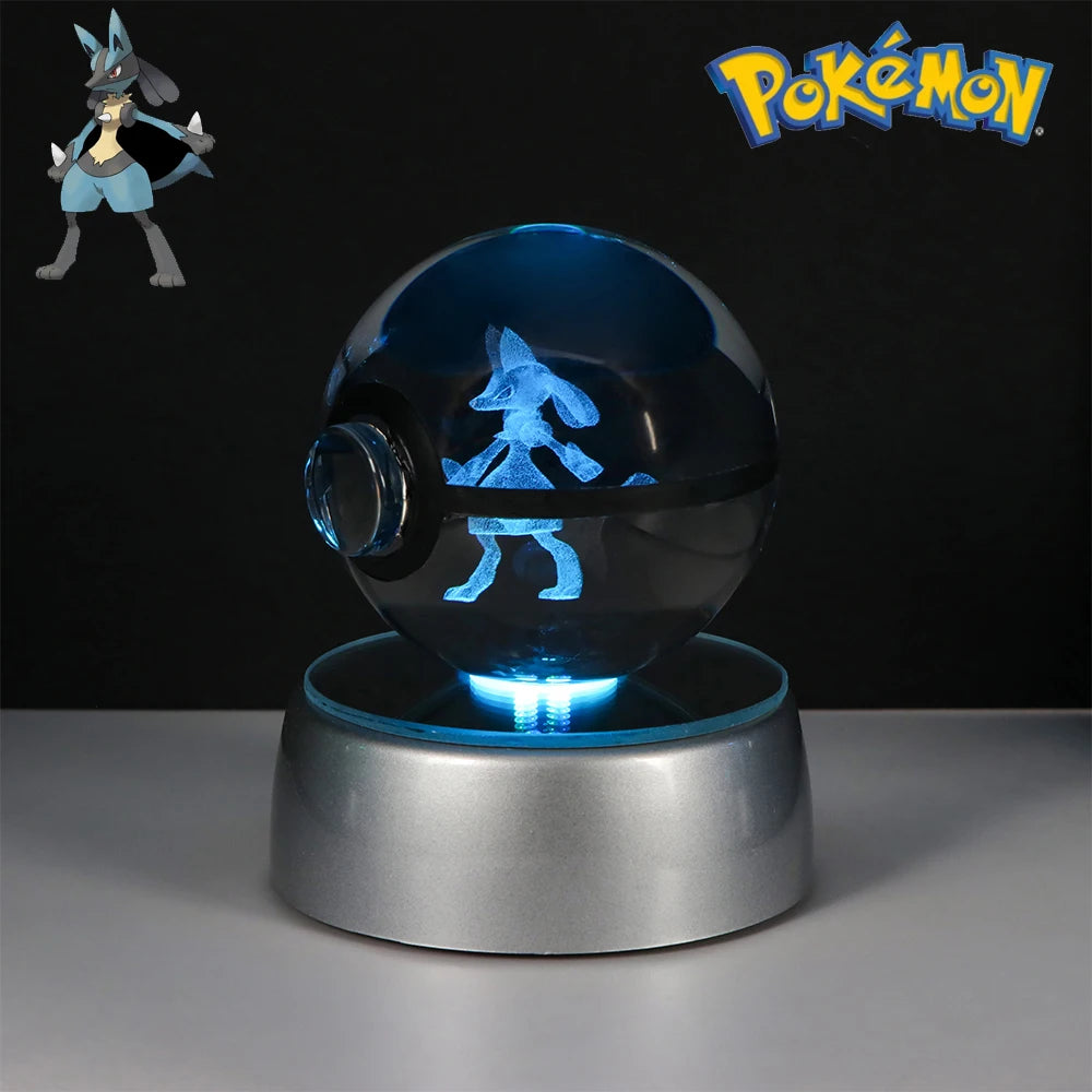 Pokémon Crystal Ball LED Night Light – 3D Pikachu, Mewtwo, Gengar, Eevee & Lucario Figurine with Light-Up Base | 5cm Pokéball Lamp 