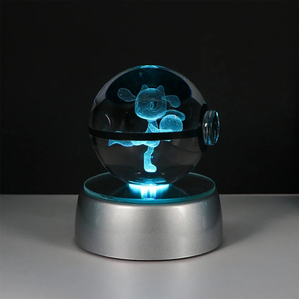 Pokémon Crystal Ball LED Night Light – 3D Pikachu, Mewtwo, Gengar, Eevee & Lucario Figurine with Light-Up Base | 5cm Pokéball Lamp 