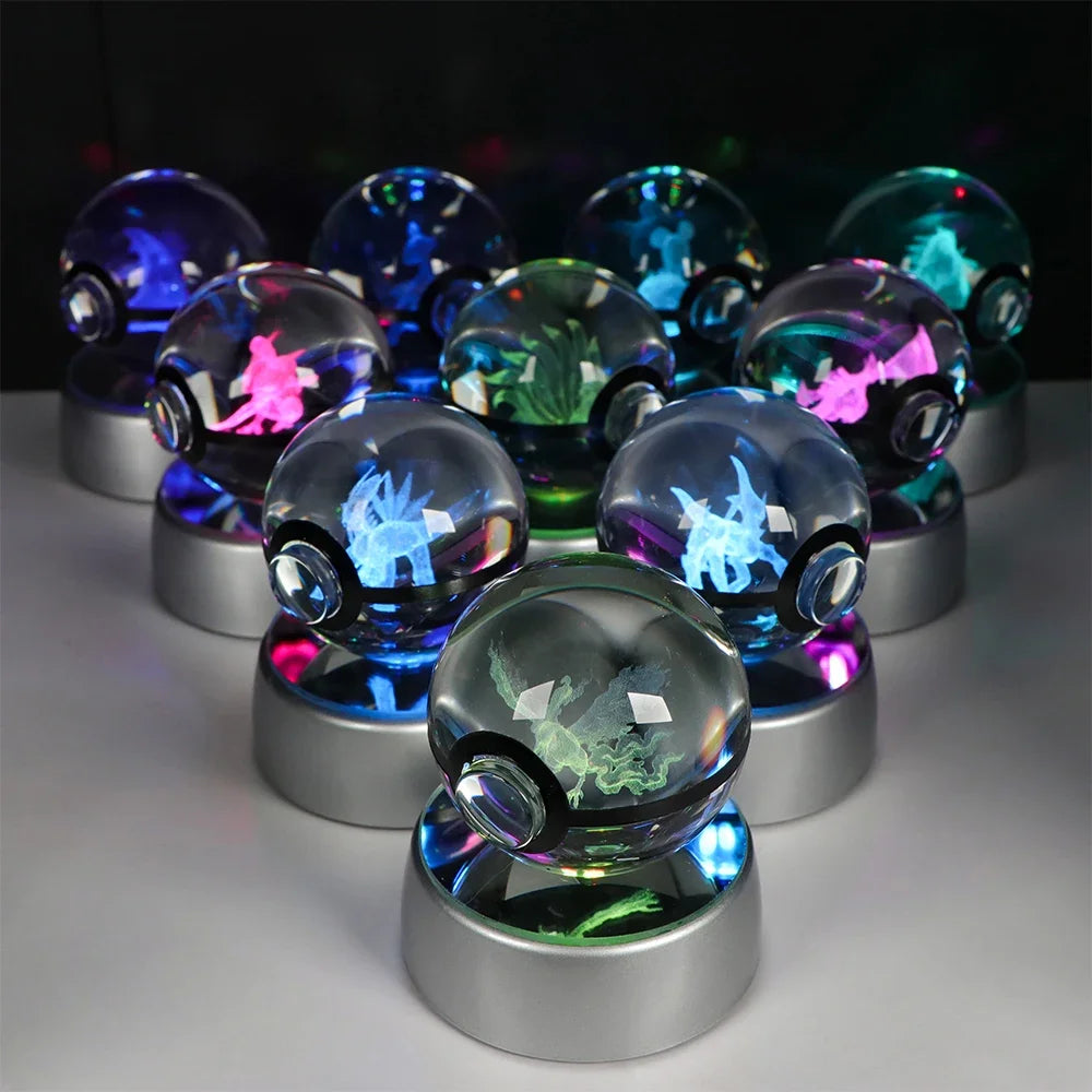 Pokémon Crystal Ball LED Night Light – 3D Pikachu, Mewtwo, Gengar, Eevee & Lucario Figurine with Light-Up Base | 5cm Pokéball Lamp 