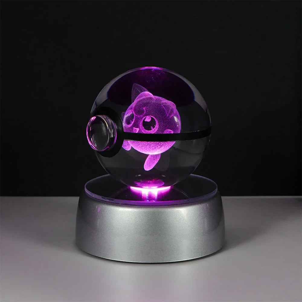 Pokémon Crystal Ball LED Night Light – 3D Pikachu, Mewtwo, Gengar, Eevee & Lucario Figurine with Light-Up Base | 5cm Pokéball Lamp 