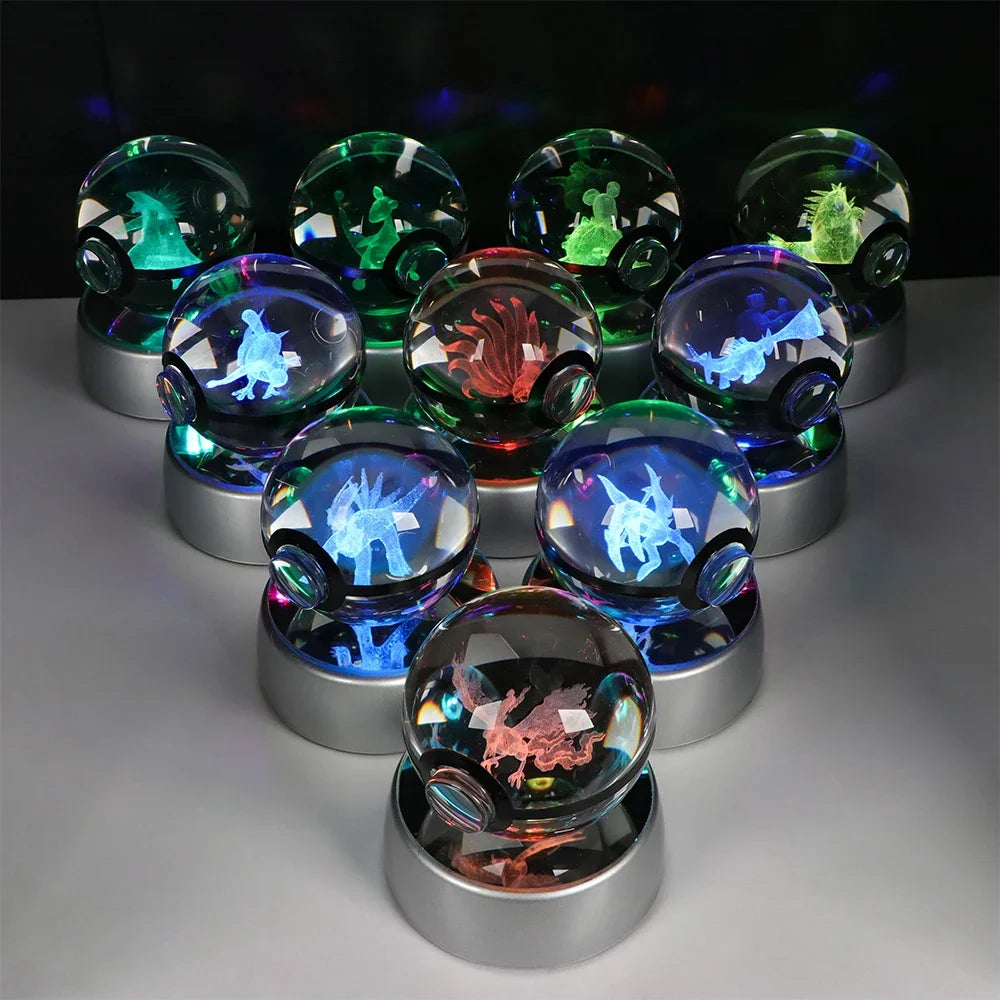 Pokémon Crystal Ball LED Night Light – 3D Pikachu, Mewtwo, Gengar, Eevee & Lucario Figurine with Light-Up Base | 5cm Pokéball Lamp 