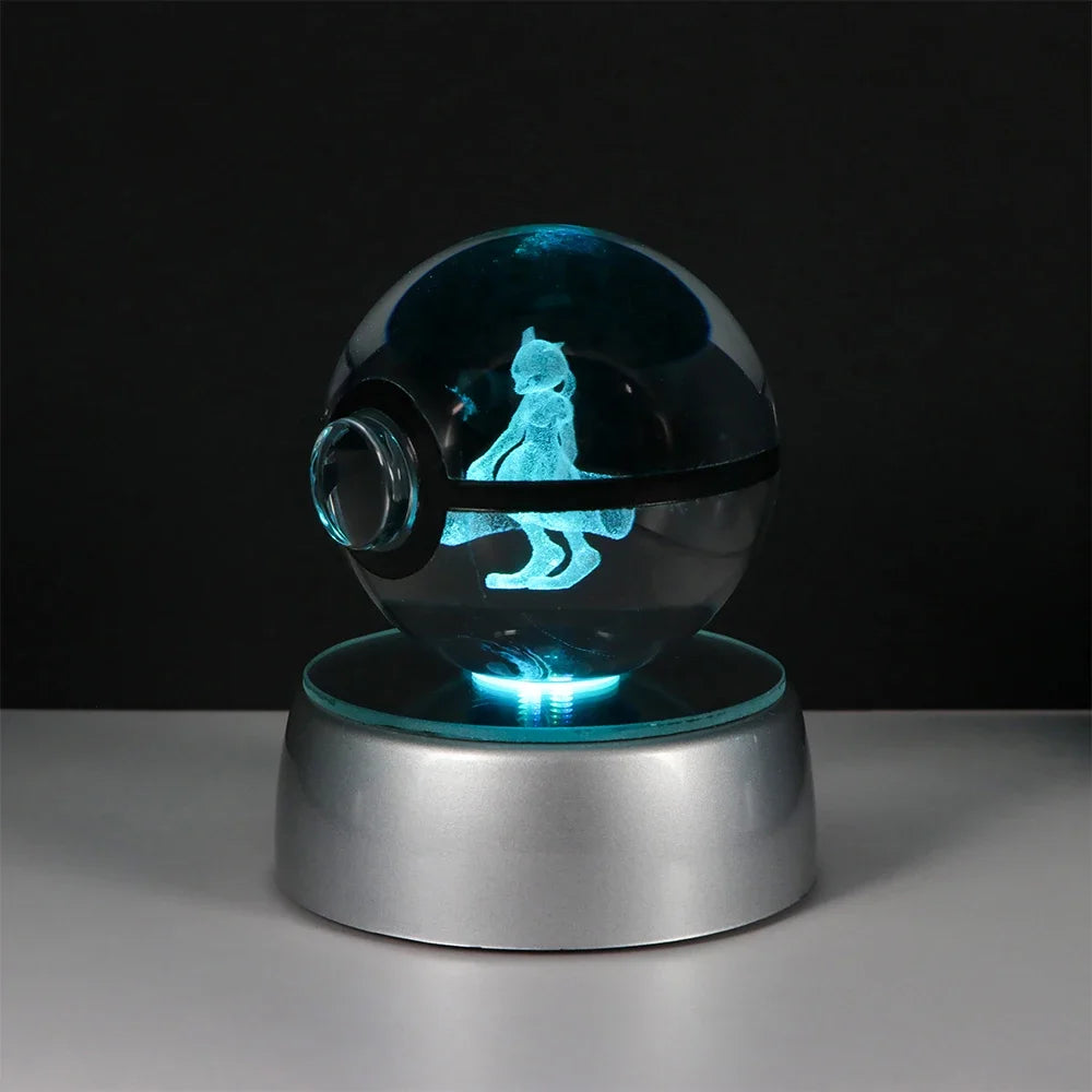 Pokémon Crystal Ball LED Night Light – 3D Pikachu, Mewtwo, Gengar, Eevee & Lucario Figurine with Light-Up Base | 5cm Pokéball Lamp 