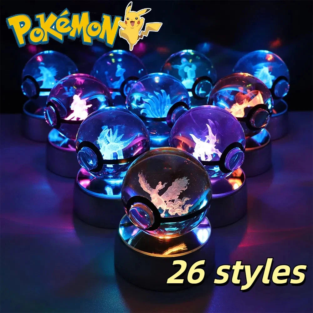Pokémon Crystal Ball LED Night Light – 3D Pikachu, Mewtwo, Gengar, Eevee & Lucario Figurine with Light-Up Base | 5cm Pokéball Lamp 