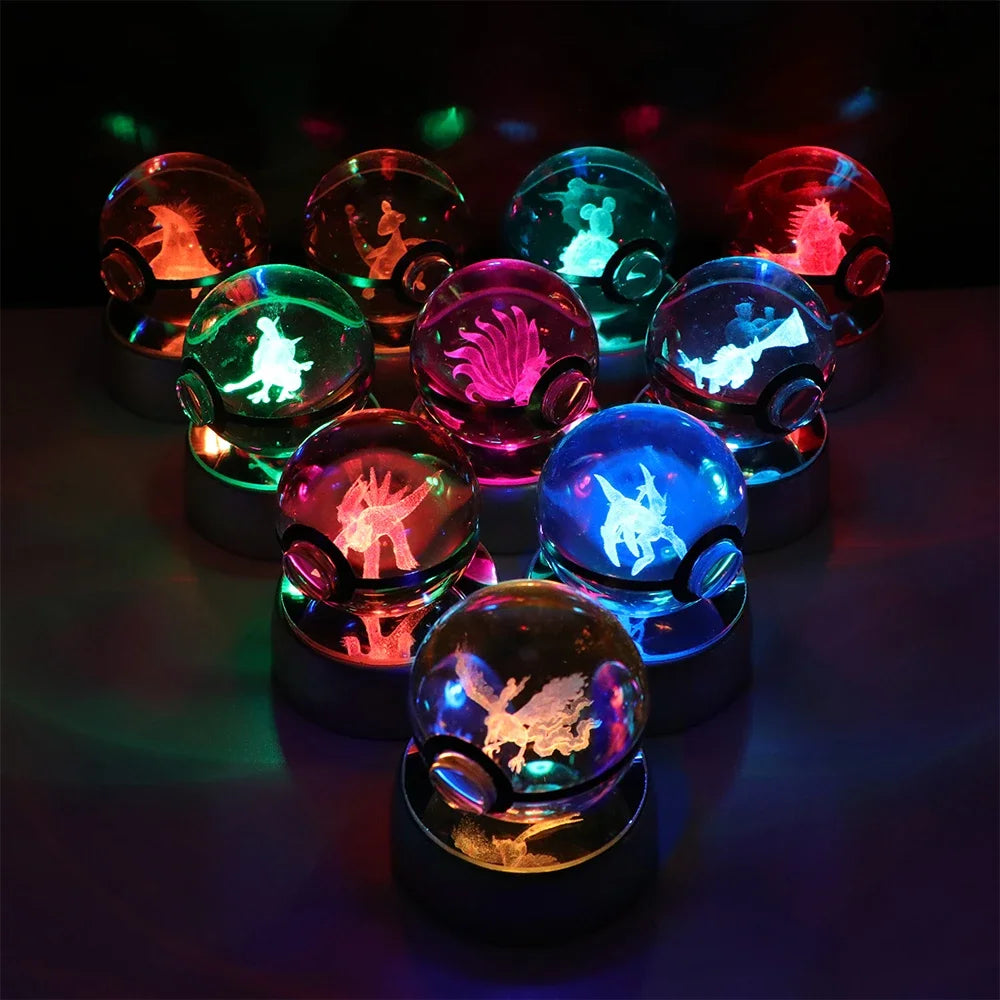 Pokémon Crystal Ball LED Night Light – 3D Pikachu, Mewtwo, Gengar, Eevee & Lucario Figurine with Light-Up Base | 5cm Pokéball Lamp 