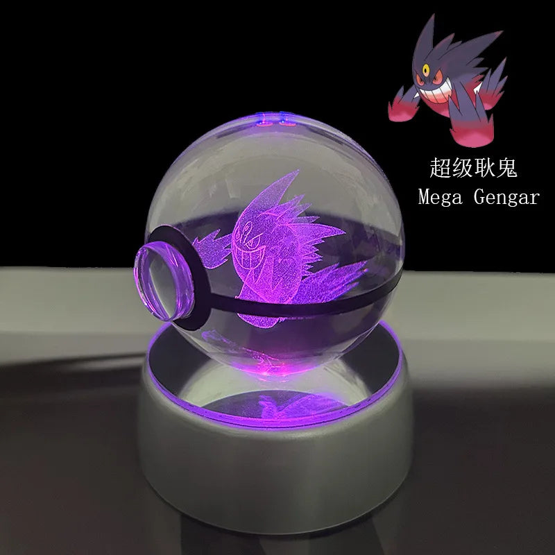 Pokémon Crystal Ball LED Night Light – 3D Pikachu, Mewtwo, Gengar, Eevee & Lucario Figurine with Light-Up Base | 5cm Pokéball Lamp 
