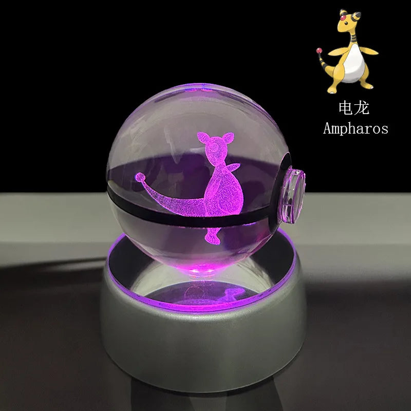 Pokémon Crystal Ball LED Night Light – 3D Pikachu, Mewtwo, Gengar, Eevee & Lucario Figurine with Light-Up Base | 5cm Pokéball Lamp 