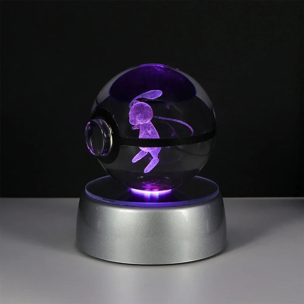 Pokémon Crystal Ball LED Night Light – 3D Pikachu, Mewtwo, Gengar, Eevee & Lucario Figurine with Light-Up Base | 5cm Pokéball Lamp 